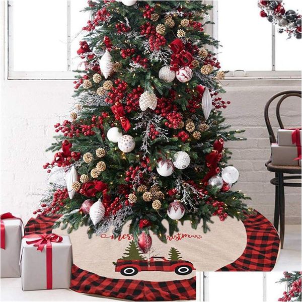 Decorazioni natalizie Gonna albero di juta con bordo scozzese rosso e nero Decorazioni ricamate per Natale Jk2010Xb Drop Delivery Home Garde Dhuah