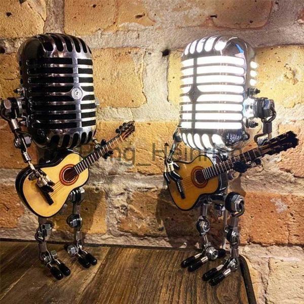 Outra decoração para casa lâmpada de decoração de casa retrô vintage metal microfone robô toque escurecimento suporte de lâmpada led lâmpada de guitarra robô mesa lâmpada solar j230629