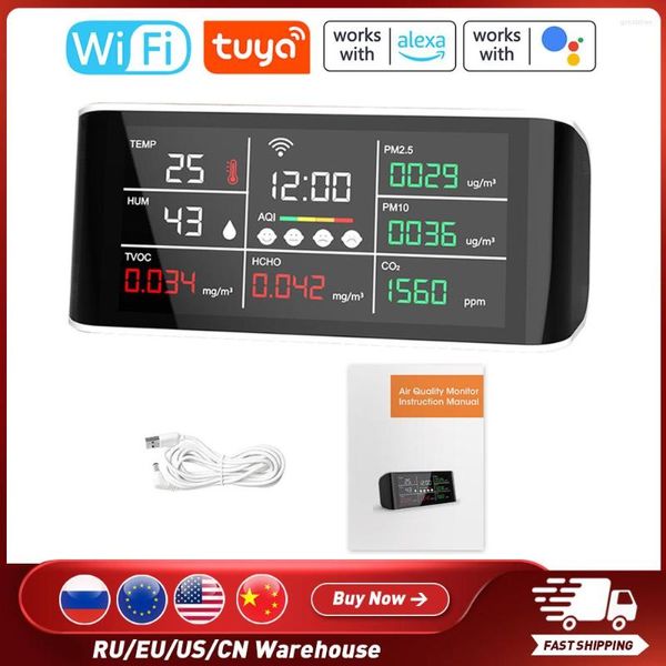 Tuya WiFi Multifuncional 9 em 1 Detector de qualidade do ar Celular Smart Linkage Display LCD digital HCHO TVOC Detector PM2.5/10