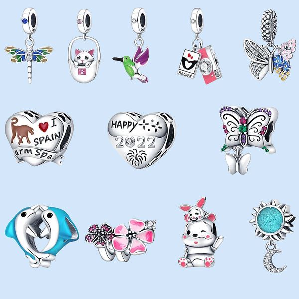 925 Sterling Silber Charms für Pandora-Schmuckperlen, Armband-Anhänger, rosa Katze, Mond, Fliege, Vogel, Schmetterling, Perlen-Charm-Set