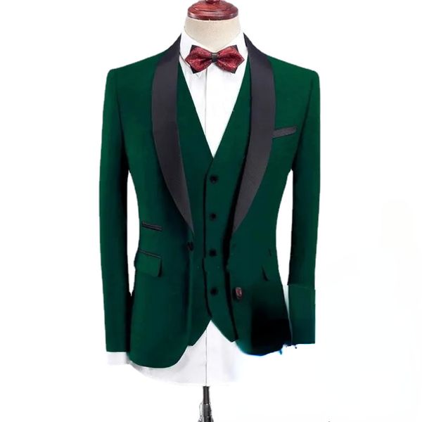 Neue Ankunft Dunkelgrün Slim Fit Männer Hochzeit Smoking Schwarz Schal Revers Bräutigam Smoking Stil Männer 3 Stück Anzug (Jacke + Hose + Krawatte + Weste) 2104