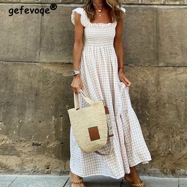 Abiti casual Colletto quadrato da donna Scozzese vintage Elegante maxi abito estivo senza maniche con volant lungo da spiaggia Vestito estivo senza schienale sexy