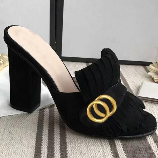 Classiche donne di design Mezze pantofole Pelle di vacchetta Pelle scamosciata Tacchi spessi Scivoli in metallo Scarpe da donna da spiaggia Sandali pigri Scarpe col tacco alto Taglia grande 35-42 con scatola