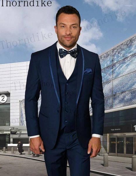 Мужские костюмы Thorndike Navy Blue Fashion 3Pcs Slim Fit Wedding Grooms Tuxedos Formal Blazer Prom Suit Jacket Pants Vest Mens Casual