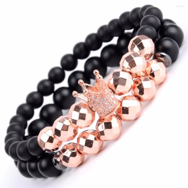 Braccialetti con ciondoli Braccialetto elastico di lusso 2 pezzi/set Braccialetti con perline di agata nera in pietra naturale per cinturino da donna con corona