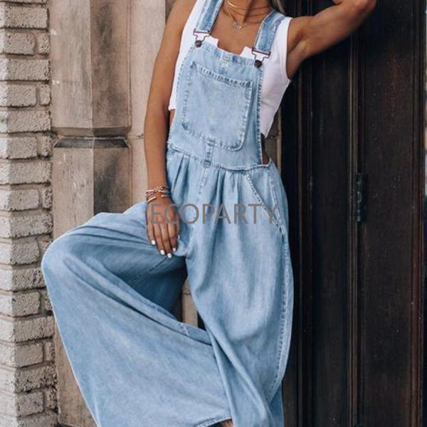 2023 neue Denim Overalls Frauen Insgesamt Mode Lose Seite Tasche Ärmellose Dünne Breite Bein Blau Hosenträger Hosen Weibliche