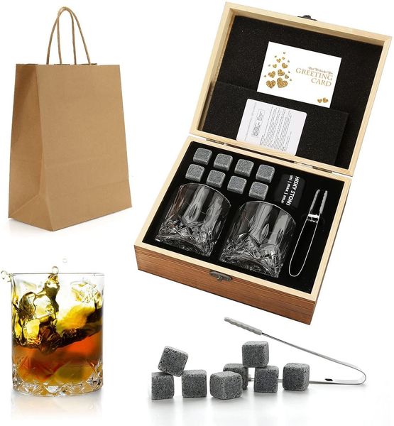 Eiskübel und Kühler, Whiskey-Steine, Gläser-Set, Granit-Eiswürfel für Whiskey, Whiski, kühlende Steine in einer Holzkiste, Geschenk für Vater, Ehemann, Männer, 230628