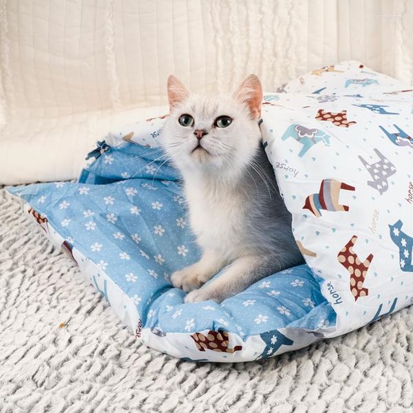 Camas para gatos Ninho para animais de estimação Cama quente e macia no outono inverno Produtos de estilo japonês Saco de dormir semifechado