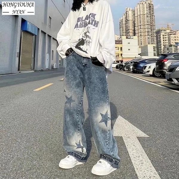 Männer Jeans Blau Frauen Hosen Mode Harajuku Gedruckt Vintage Y2k Hohe Taille Streetwear Baggy Frau Gerade Breite Bein Weibliche Kleidung