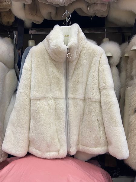 Nuovo arrivo donna inverno caldo super morbido colletto rialzato di alta qualità cappotto in vera pelliccia di coniglio Rex naturale