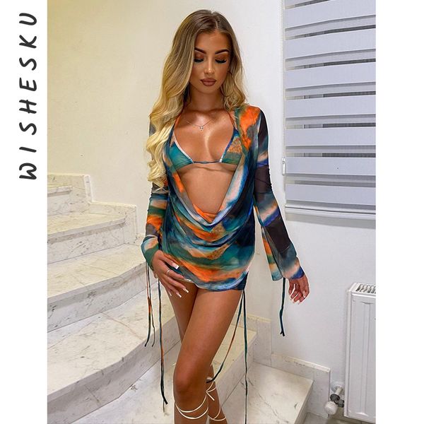 Abito a due pezzi Sexy con spacco Polsino Scollo profondo Senza schienale Coulisse Mini abito increspato Reggiseno con lacci Completi 2023 Summer Beach Holiday Set 230629