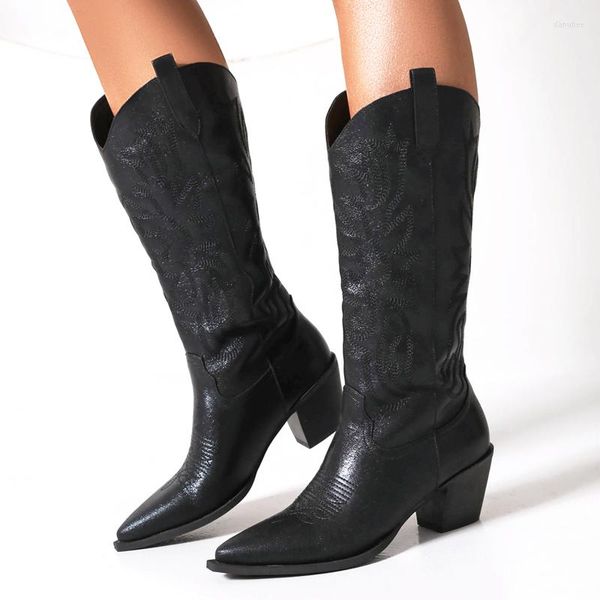 Ботинки 2023 Mbroider Western Cowboy для женщин Высокие каблуки Дамы Cowgirl Широкие до середины икры Черный Розовый Bota Feminina