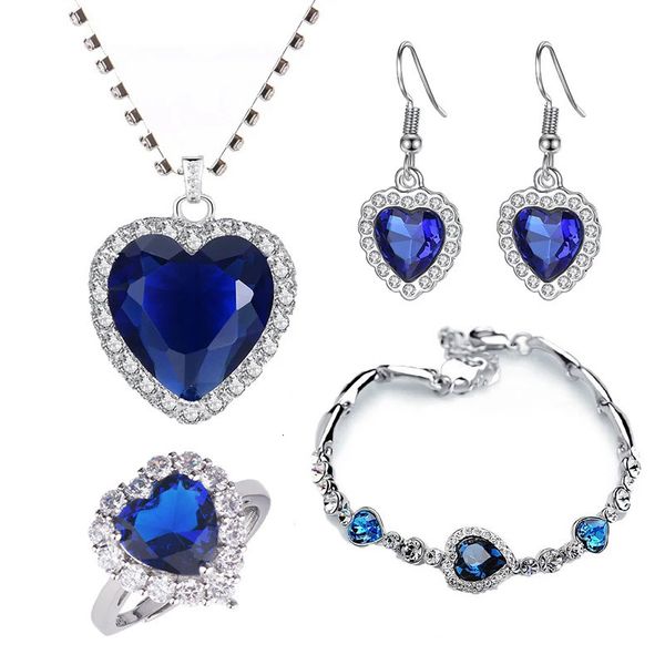 Set di gioielli da sposa 4Pcsset Titanic Heart of Ocean Collane per le donne Love Blue Crystal Zircon Female Party 230627