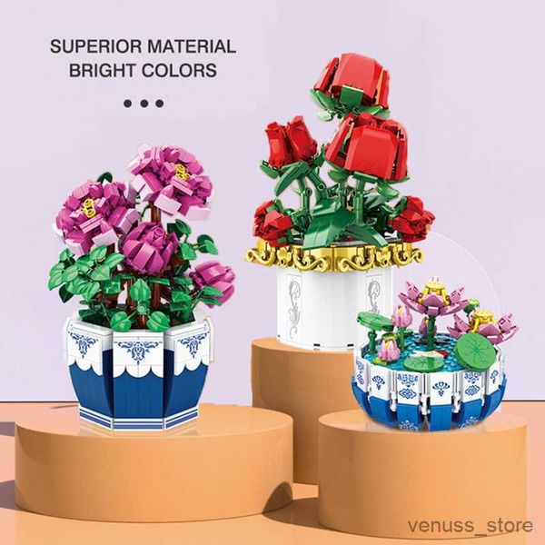 Blocos Vaso de flores Blocos de construção montados Planta Bonsai Móveis para casa Rose Orchid Bouquet Modelo Brinquedo para crianças Presente R230629