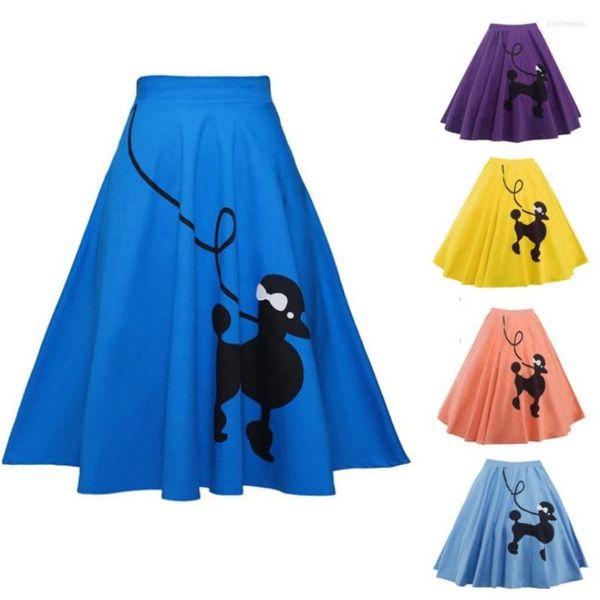 Saias Bonito Poodle Cachorrinho Estampa Feminina Algodão Verão Altura Do Joelho Retro Swing Vestidos Meninas Rockabilly Hippie Traje