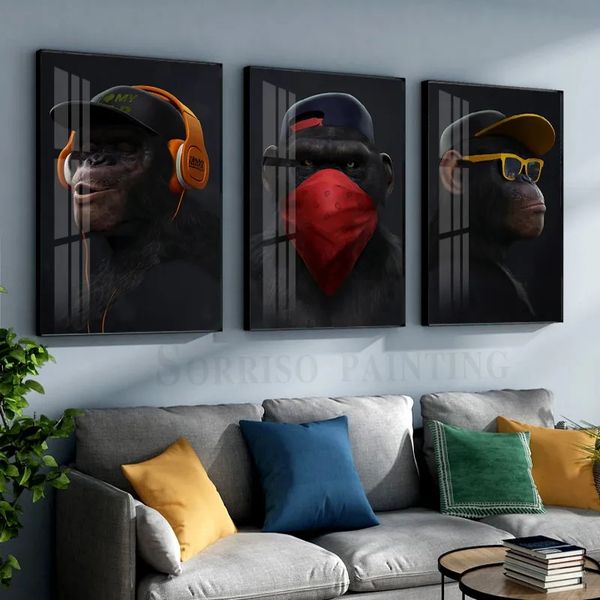 Óculos Fone de Ouvido Macaco Gorila Engraçado Poster Art Print Pintura em Lona Moderna Pop Moda Decoração Quarto Living Home Mura Imagem da Parede Decoração da Sala de Estar w06
