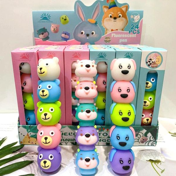 Canetas 24 caixas / lote Cartoon Animal Blocks Highlighter Kawaii Mini Desenho Pintura Arte Marcador Caneta Material Escolar Presente de Papelaria