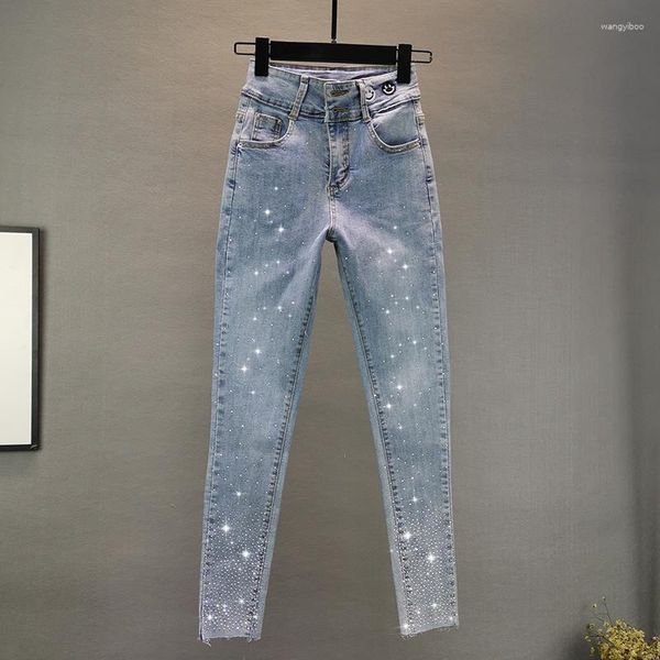 Jeans feminino super elástico cintura alta lápis streetwear feminino skinny jeans calças diamante ferro retrô stretch a453