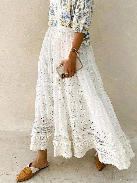 Saias Moda Verão 2023 Boho Branco Renda Oca Maxi Saia Longa Feminina Cintura Alta A Line Plissado Feminino