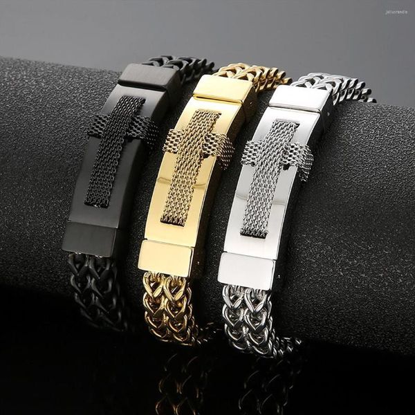 Pulseiras de elos Hip Hop Cool Gold/Black/Silver Color 316L Aço Inoxidável Malha Franco Chain Charme Bracelete Masculino