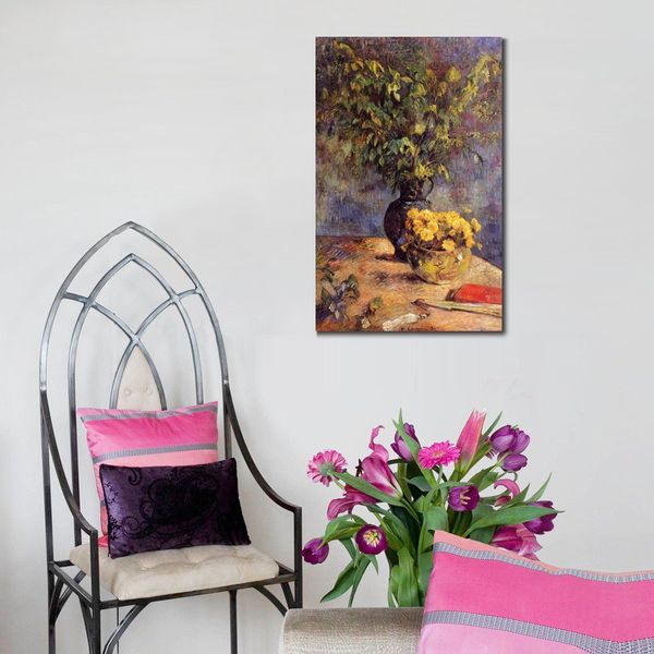 Fine Canvas Art İki Vaza Çiçek Var. Hayranlar El yapımı Paul Gauguin Boyama Modern Restoran Duvar Dekor