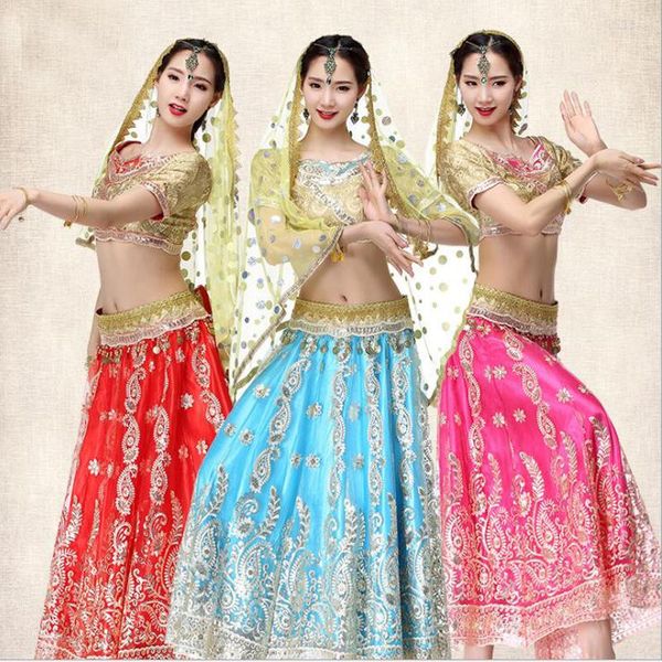 Bühnenkleidung Indien Tanzset Kleid für Frauen/Mädchen Top Gürtel Rock Bollywood Orientalische Anzüge Kleidung Performance-Kostüme