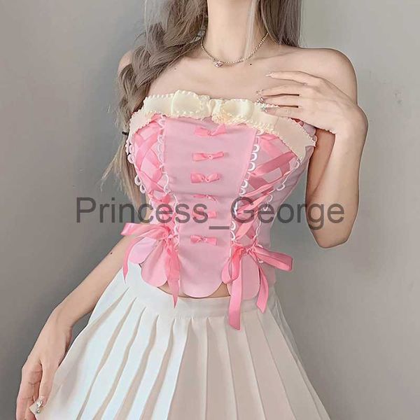 Abiti da festa Fiocco Kawaii Corsetto rosa Crop Top Gilet Donna Donna Harajuku Senza maniche Spalle scoperte Intimo Bustier senza schienale Top Y2k Abbigliamento x0629