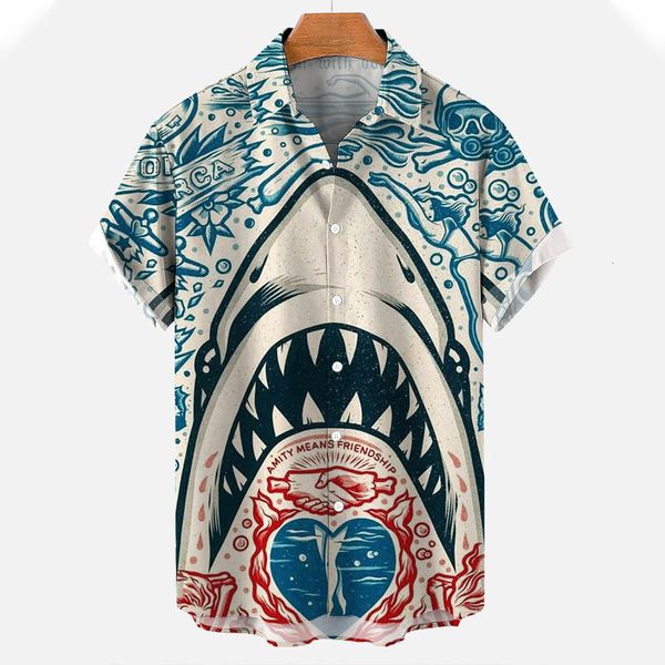 Camicie eleganti da uomo Abiti con stampa animalier 3D Moda Bottone Manica corta Risvolto Camicia streetwear per uomo Tshirt camicetta squalo hawaiano 230628