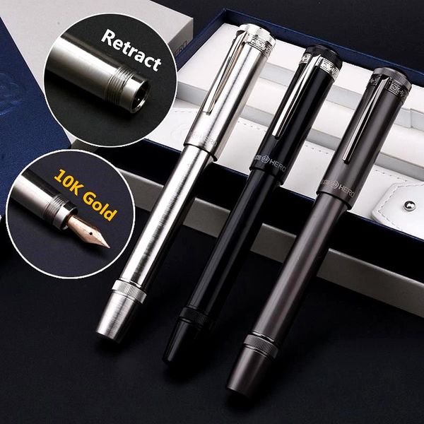 Pens Hero H718 Titanium Retractable Fountain Pen F0,5mm 10k Gold Nib Business Office Kolbenkasten mit Lederscheide Box Geschenkset