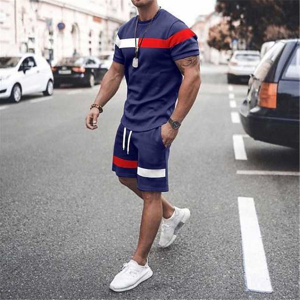 Erkek Tişört Takımlar Tenis Gömlek Zıt Renkli Çizgili Bisiklet Yaka Sokak Günlük Kısa Kollu Giyim Giyim 2adet Moda Hafif Temel Klasik