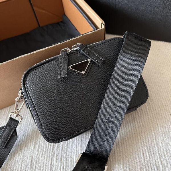 Borsa a tracolla nera da uomo e da donna, tracolla, telefono, taglia mini, tinta unita di alta qualità, unisex, con tasche, triangolo, nylon