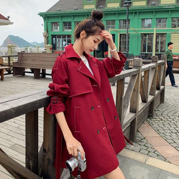 Damen-Trenchcoats, die rote Windjacke für Damen verkaufen, schöner Herbst, mittellanger Hepburn-Stil, dünner Mantel mit Gürtel, lockere Damen-Outwear 137