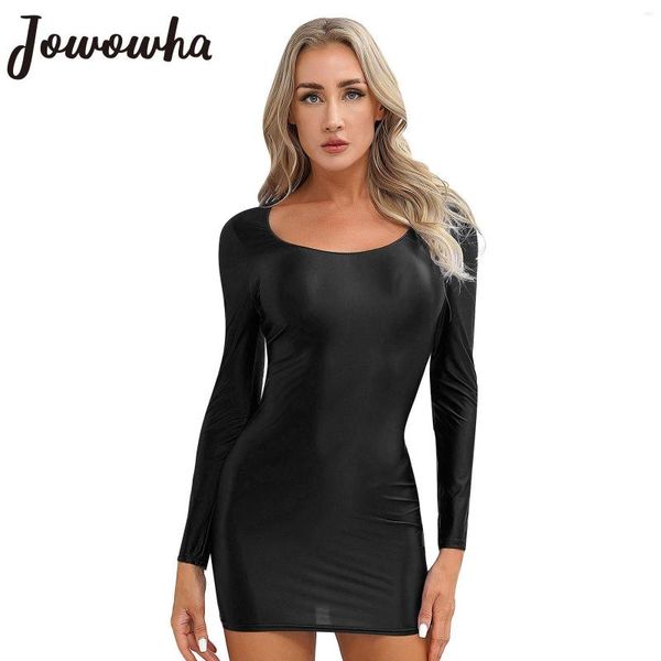 Vestidos Casuais Feminino Brilhante Bodycon Dress Manga Longa Lápis Apertado Mini Suave Elástico Brilhante Roupa de Noite Rave Party Cocktail Clubwear