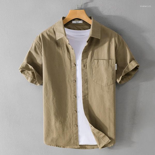 Männer Casual Hemden 523 Sommer Einfache Feste Farbe Weiß Khaki Revers Einreiher Lose Jugend Männlich Original Kleidung