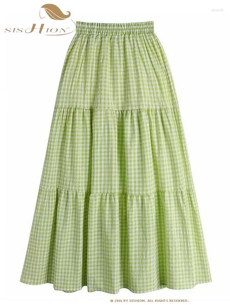 Röcke SISHION 2023 Mode Lässig Schwarz Aprikose Grün Plaid Rock VD3934 Elastische Taille Baumwolle Frauen Sommer Lange Midi