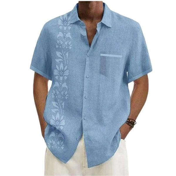 Männer Hemden 2023 Casual Blumen Drucken Kurzarm Tops High Street Ramie Blending Revers Sommer Bluse 118 230629