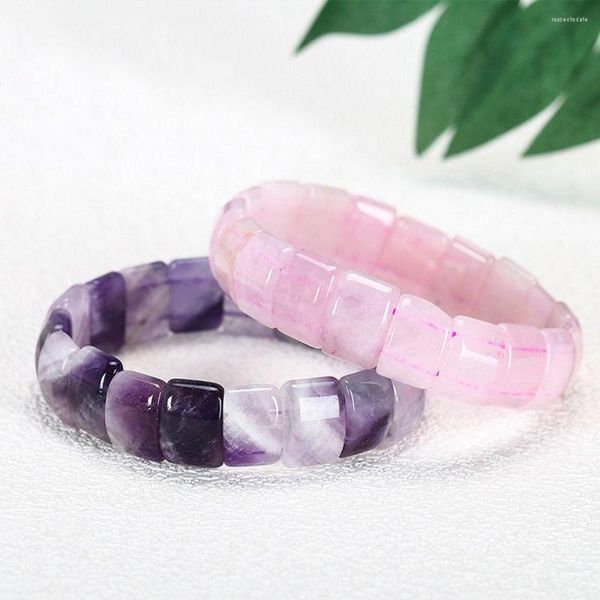 Pulseiras Elo Espaçador Quadrado Amuleto Pulseira de Pulso Pedra Natural Quartzo Rosa Roxo Ametista Miçangas