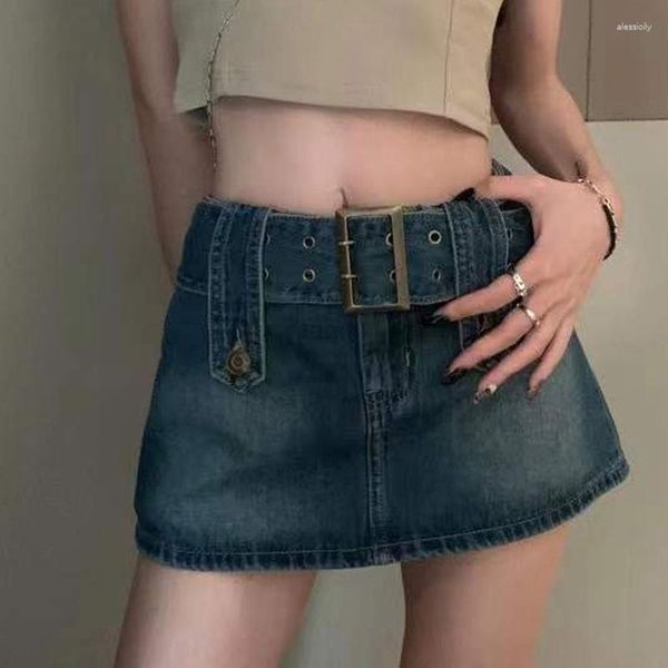 Saias 2023 Harajuku Jeans vintage com faixas 2000 retrô Y2K estético cintura alta jeans minissaia estilo formal Kawaii Stree