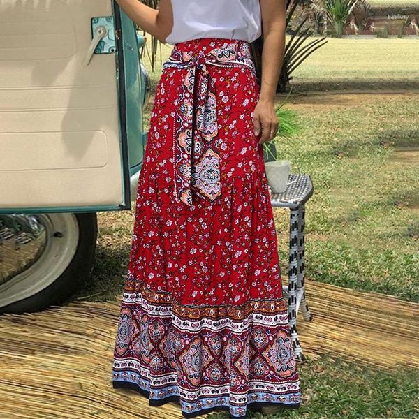 Saias Bohemian Gypsy Vestido Maxi Feminino Estampa Floral Saia Midi Boho Elástico Cintura Alta Longo Para Mulheres Vestidos de Praia Femme