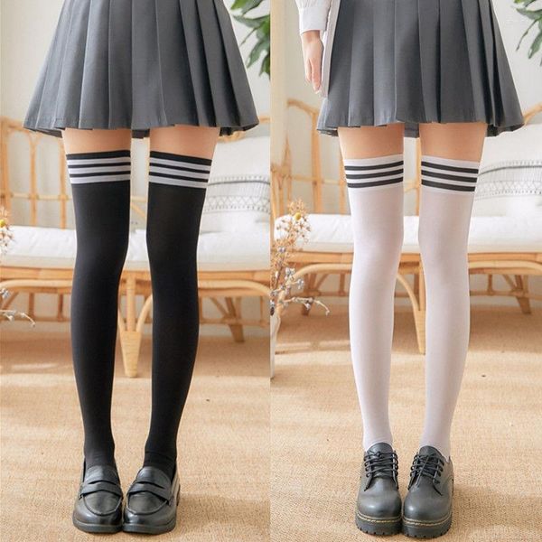 Calzini da donna 1 paio Quattro stagioni giapponese a maniche lunghe Studente Bambini Velluto bianco nero Coscia sopra il ginocchio Solido alto