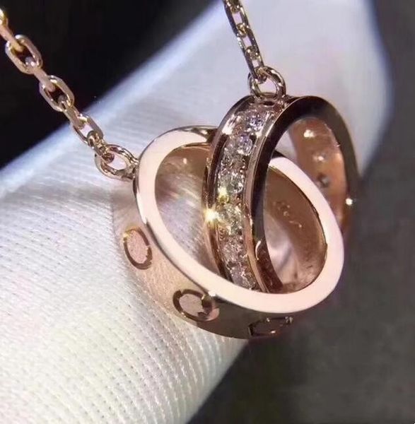 Collana unisex di lusso, gioielli di design, festa in argento sterling, doppi anelli, ciondolo con diamanti, collane in oro rosa per donne in maschera, catena lunga, regalo gioiello