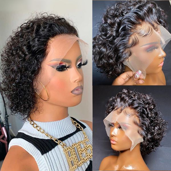 Perucas Sintéticas Pixie Cut Wig Curto Bob Curly Perucas de Cabelo Humano 13X1 Transparente Lace 99J Borgonha Água Deep Wave Lace Front Peruca Para Mulheres 230629