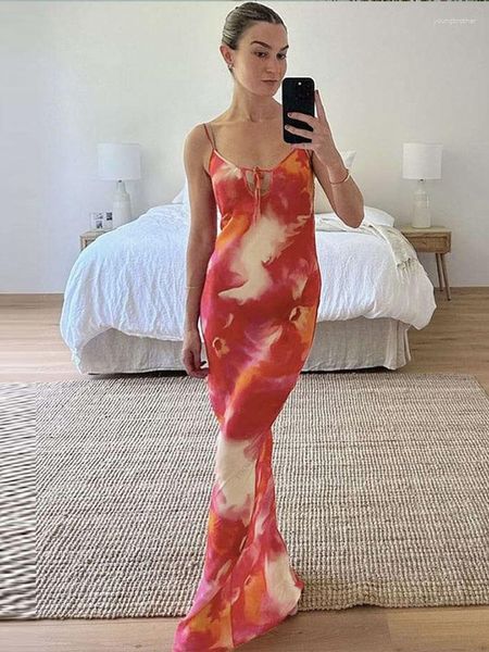 Lässige Kleider 2023 Red Printed Fashion Summer Slim Rückenless Maxi Kleid für Wommer Sexy V Hals Ärmel und Club Party Mesh A2646