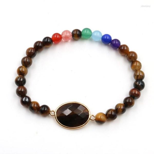 Strang FYSL Versilberter ovaler klarer Quarz verbindet 6 mm runde Perlen, dehnbares Armband, Heil-Chakra-Schmuck