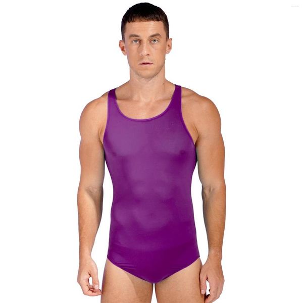 Roupa de banho feminina maiô masculino de uma peça singlet luta livre traje collant roupa de clube macacão transparente sem mangas macacão elástico