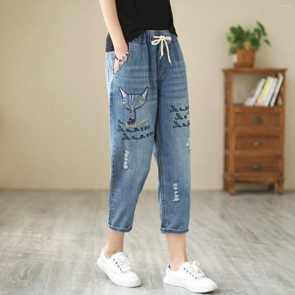 Damen-Jeans, lässig, bequem, literarische Stickerei, elastisch, hohe Taille, Schnitthose