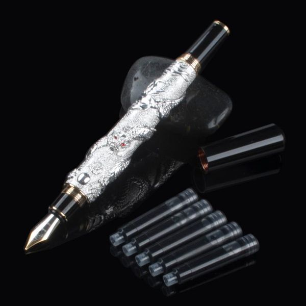 Stifte Advanced Luxury Fountain Pen Jinhao Chinese Dragon White mit schwarzen schweren Schule Gife Pen Geschenkbox