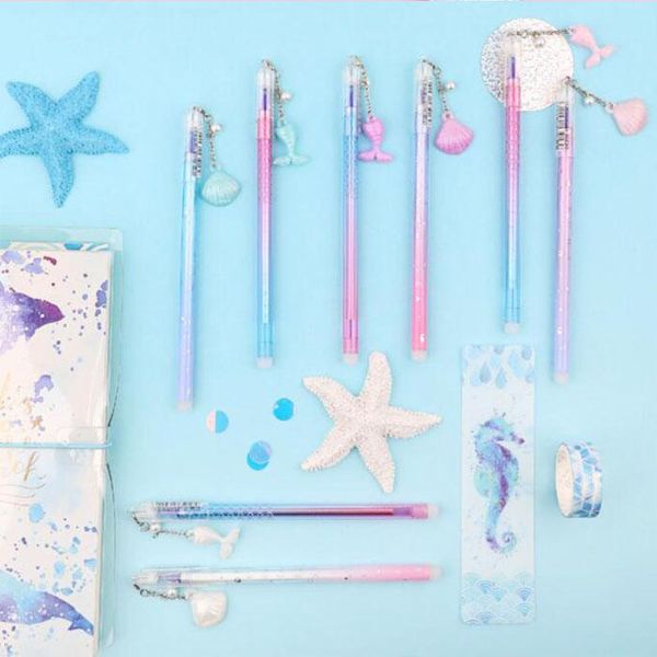 Canetas 40 PCs/lot Mermaid Shell Pen apagável caneta azul cantor azul caneta presente de artigos de papelaria de estados de escritório suprimentos por atacado