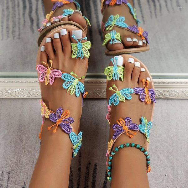 Sandalen Mode Verband Quaste Böhmischen Flachen Strand Sommer Ethnischen Stil Farbige Blumenschuhe Casual Open-toed Damen