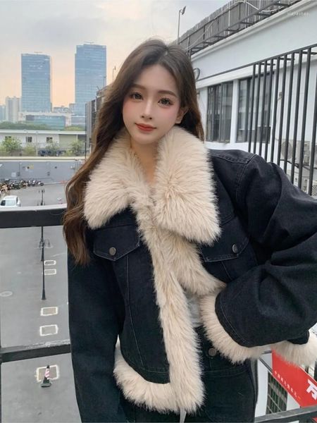 Dames Bont Koreaanse Dames Mode Faux Jassen Winter Dikke Warme Kraag Denim Zak Zwart Casual Patchwork Gewatteerd